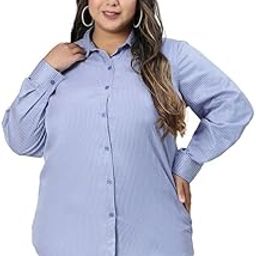 Women Plus Size Collared Long-Sleeve Button-Closure Stripe Print Cotton Blend Shirt-image-40