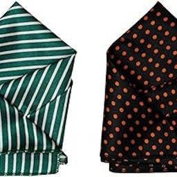 Men’s Satin Pocket Square Set – Green Striped & Black with Orange Polka Dots – Formal Suit Handkerchief for Men-image-73