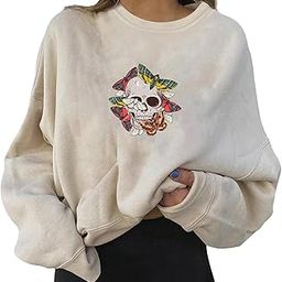 Fall Halloween Sweatshirts Pullover Tops for Women Skull khaki XL-69