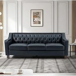 LEGACY OF COMFORT Bethea 81.28" Leather 3-Seat Sofa with Tufted Back Three Seater Sofa for Living Room Guest Room Hotels Office (Navy Blue Leather)-image-99