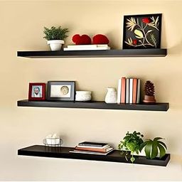 CHARMWUD Wooden Wall Rack Shelf Set of 3 for Bathroom and Living Room - Wall Mounted Decor Shelves, Wenge, 17 by 6 Inch (Plan)-image-1