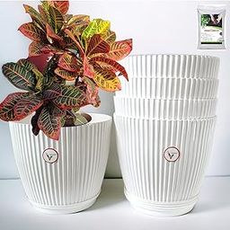VINSHRA 11 Inch White Flower Pot with 8 Bottom Tray (500 grm Organic Vermicomposting Free) Set of 5 / Indoor & Outdoor Use Pot/Plant Container/Planters Round for Terrace/Solid/Uv Treated-image-1