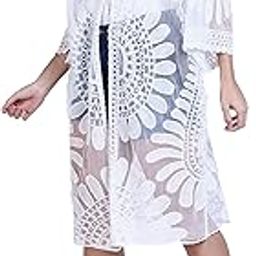 Women's Sheer Lace Kimono Cardigan, Floral Pattern, 3/4 Sleeve Beach Cover Up, Mid-length Mesh Long Shrug Jacket-picture-21