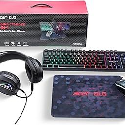 Acer 4 in 1 Wired Gaming Combo, 7 Color LED Backlit Keyboard, RGB Mouse (1200/1600/2400 DPI), Premium Gaming Headset (50mm Driver, 120dB) with Mixed Light Effect, Fabric Weave Mousepad (Black)-0