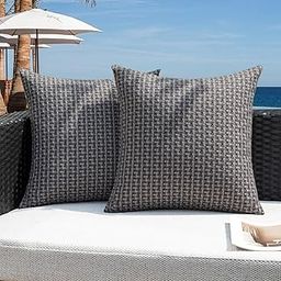 Kevin Textile Outdoor Waterproof Throw Pillow Covers Pack of 2 Weaving Texture Water Resistant Outside Decorative Cushion Covers for Garden Patio Tent Balcony Bench Couch Sofa 18x18 Inch, Dark Grey-image-4