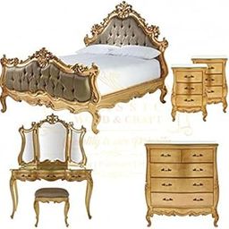 CLASSIC WOOD & CRAFT Complete Bedroom Set with 2 Side Tables & 1 Big Chest of Drawers and a Beautiful Dressing Table in Teak Wood with Beautiful Interior and Wood Golden Deco Finish for Royal-image-41