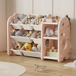 oddpod™ Dino Kids Toy Organizer Storage Racks with Bins, Cute Cartoon Montessori Plastic Bookshelf for Children & Bedroom Shelf for Toys, Books, Clothes & Games - Pink (5+2 Bins)-image-40