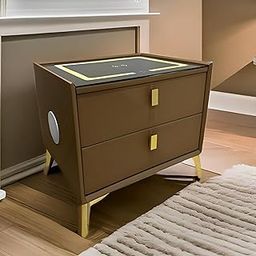 Modern Smart Bed Side Table with Wireless Charging, Dual USB Ports, Bluetooth Speaker, LED Light, Storage Drawers, Nightstand with Gold Legs for Bedroom or Living Room,Wooden Table(20x16x18in)-image-86