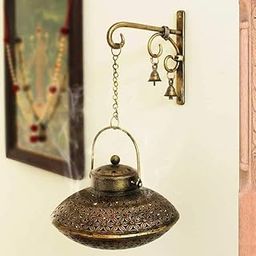 Anjaneya Handcrafted Antique Metal Wall Tea Light Holder – Vintage Hanging Lantern with Bell Accents | Rustic Gold Wall-Mounted Candle Holder for Home, Balcony, Pooja Room, Diwali & Festive Decor-image-65