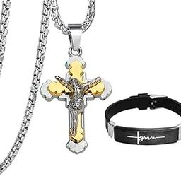 Religious Lord Jesus Christ Cross with Crystal Stone Silicone Stainless Steel Pendant With Bracelet Combo Inspirational Christian Jewelry Meaningful Gift for Boys-picture-21
