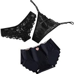 Women's Lace & Ice Silk Panty Set - Floral Net Bikini, Adjustable Strap Thong & Seamless Heart Design Briefs - (Pack of -3)-image-33
