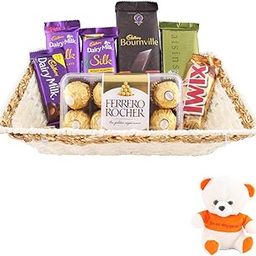 SFU E Com 16 Pieces Rocher With Premium Chocolate Gift Hamper | Valentine Love Teddy Bear With Chocolate Combo | Valentine Chocolate Hamper | 532-58