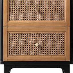 THE GILETEEN Fully-Assembled 2-Drawer Woven Cane Front Accent Nightstand with Brass Knobs for Living Room, Bedroom, Black-14