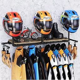 ATSKIM Double Motorcycle Helmet Holder Wall Mount, Helmet Hanger and Jacket Holder Wall Mount, Riding Gear Display Rack with 4 Hooks, Helmet Stand for Accesories Storage (3 Helmets)-37