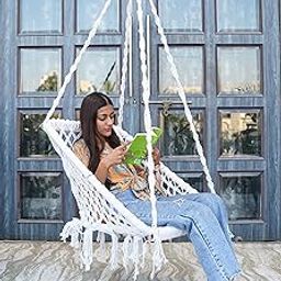 Patiofy Swing For Adults/Jhula For Adults/Wooden Swing For Living Room/Swing For Balcony/Swing Chair/Swing For Adults For Home/Large Cotton Square Hammock Hanging Swing (White) By Patiofy-image-44