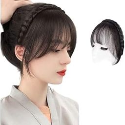 HAIR WALA™ Front Hair Bangs Fringe Natural Black Color Hair Extensions Synthetic Fake Bangs Hair Neat Fringe Bangs with Double Row Braids Headband for Women Girls Bangs Hair-39