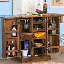 THE WOODEN CITY Solid Sheesham Wood Bar Cabinet Wine Storage Rack with Drawer & Glass Holder, Wooden for Home and Bar Furniture (Honey2door, Standard)-picture-38