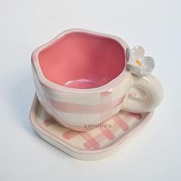QSHI Studio Daisy Ceramic Mug Matching Coaster Set | Handmade Cup with Saucer| Gift to Best Friend | Aesthetic Cute Mug and Coaster | Coffee Tea/Milk/Green Mugs (Design 2)-image-16
