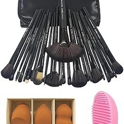 Puna Store Combo Set of 24 Piece Synthetic Makeup Brush Set (BLACK) with 3pc Makeup Blender Set, Makeup Brush Cleaning Egg, Cruelty-Free Vegan Brushes, Kabuki Foundation, Eye Shadow Blending, Face Pack, Contouring, Highlighting-12