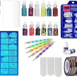 D.B.Z. ® Nail Art Kit 12 Glass Bottles Glitters (Assorted) 1 Clear Jelly Stamper with Scraper 1 Pc Stamp Plates 5 Dotting Pens 100 Fake Nails 5 Nail Tapes 1 Nail Tipping Guide with 2 Glue-11