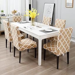 Gifts Island Polyester Geometric Print Dining Table Chair Cover Set of 6 Seater Stretchable Washable Chair Seat Slipcover Protector (Beige)-image-84