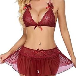 Women's Mini Chemise Baby Doll Lingerie Set Net & Lace Fabric Above Knee Solid Design Nightwear Honeymoon Anniversary, Valentine Gift Dress for Ladies-picture-18