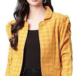 Women Mustard Black Checked Tailored Jacket-32