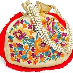Floral Embroidered Bag with Pearl Handle, Cream and Red, Traditional Wedding Purse-image-65