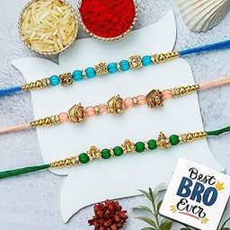 eCraftIndia Set of 3 Om Ganesha Krishna Beads Designer Rakhis | Best Bro Ever Fridge Magnet | Roli Chawal Pack | Rakhi for Brother Bhaiya Bhai Bhabhi Kids-17