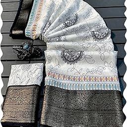 Women's White Woven Border & Floral Print Dola Silk Saree with Unstitched Blouse Piece | Stylish Latest Sarees Ethinc Casual Function Wear Sari Ladies Trendy Fancy Design Sadi for Women-image-44
