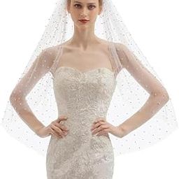 PALAY® Pearl Bridal Veil for Wedding White 1 Tier 1m Cathedral Tulle Veil with Comb, Elegant Fingertip Length Wedding Veil for Bride-image-34