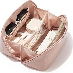 Heda Large Capacity Travel Makeup Bag for Women – Waterproof Portable Organizer with Divider and Handle, Open Flat Toiletry Pouch (Pink)-image-91