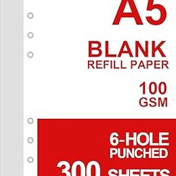 (3 Pack) A5 Blank Refill Paper, 6 Hold Punched, 300 Sheets/600 Pages Loose Leaf Paper for Large Leather Journal/Filofax Binders, 100gsm Blank Printer Paper, 5.8'' x 8.2''-5