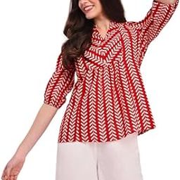 Women's Cotton Striped Print Top - Red-image-34