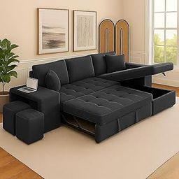 FURNY Holland 6 Seater Fabric RHS L Shape Pull Out Sofa Cum Bed with Storage & 2 Puffy for Living Room (Dark Grey)-image-21