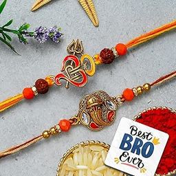 eCraftIndia Set of 2 Om Trishul Rudraksha Ganesha Rakhis | Best Bro Ever Fridge Magnet | Roli Chawal Pack | Designer Rakhi for Brother Bhaiya Bhai Bhabhi Kids-image-46