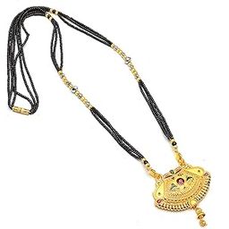 Jewar Mangalsutra Pendant One Gram Gold Plated Meena Work Black Crystal Moti Jewelry 7616-image-44
