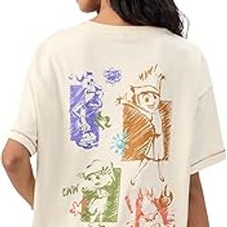 Official Inside Out: Mixed Emotions Women and Girls Short Sleeves Round Neck Off White Graphic Printed Cotton Oversized T-Shirts-image-10