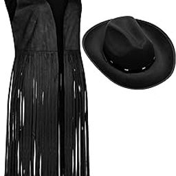 Fringe Vests Cowgirl Outfits for Women 70s Hippie Clothes Vest Jacket Faux Suede Tassels Western Cowgirl Hat-14