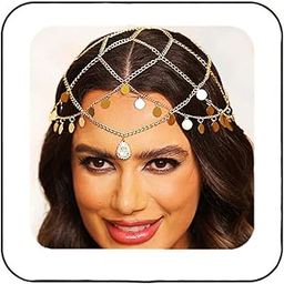 Boho Sequins Headchain Gold Mesh Headpiece Cap Forehead Chains JewelryWedding Festival Halloween Costume Hair Accessories for Women, Alloy-image-25