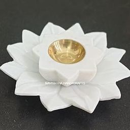 Navishtha Handicrafts Jaipur Art Exports Rich White Marble or Brass Traditional Beautiful Lotus Shape Diya for Home Decor - 3 Inch with White Marble Lotus Bowl Plate with Polish - 6 Inch-image-77