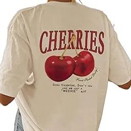 sxv style SXV 'Cherries' Printed Cool Aesthetic Oversized Baggy Drop Shoulder Pure Cotton Half Sleeves T-Shirt for Women-picture-43