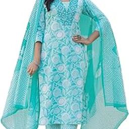 Women's Cotton Floral Kurta with Pant & Dupatta Set | Ethnic Wear Casual Kurta Set for Women-picture-34