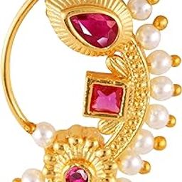 Vighnaharta Gold Plated with Pearl Alloy and CZ Red stone Non Piercing Maharashtrian Nath Nathiya./ Nose Pin valentine day gift valentineday gift for her gift for him gift for women gift for women {VFJ1162NTH-Press }-11