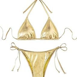 Women's Metallic Triangle Bikini Top Halter Tie Side Swimsuit Set 2 Piece Bathing Suits-picture-2