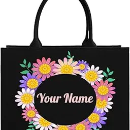 rerden Personalized Floral Tote Bag, Black with Daisy Wreath Design, Customizable Name, Fashion Shopping Handbag-picture-45