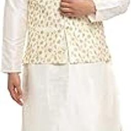 Mens Silk Cream Kurta Churidar & Embroided Nehru Jacket Set-image-2
