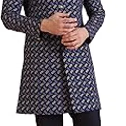kisah Men's Indo-Western Sherwani, Navy Blue Cotton Blend, Printed Regular Fit Mandarin Collar Long Sleeves-picture-43