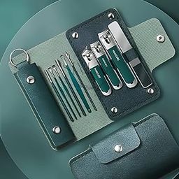 Simois 10 in 1 Nail Clipper Set, Manicure Pedicure Tools Kit with Fingernail & Toenail Clippers, Nail File, Portable Travel Grooming Kit for Men & Women with Leather Case (Pack of 1, Dark Green)-4