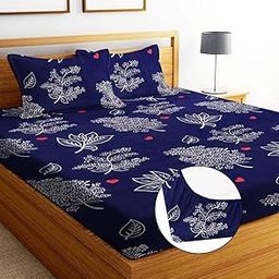 Geeta Homes Cotton Feel Glace Cotton Elastic Fitted Printed King Size Double Bed Bedsheet with 2 Pillow Covers and Fits Upto 8 inches Mattress, Size- 72"x78" Saffro 8440-image-60